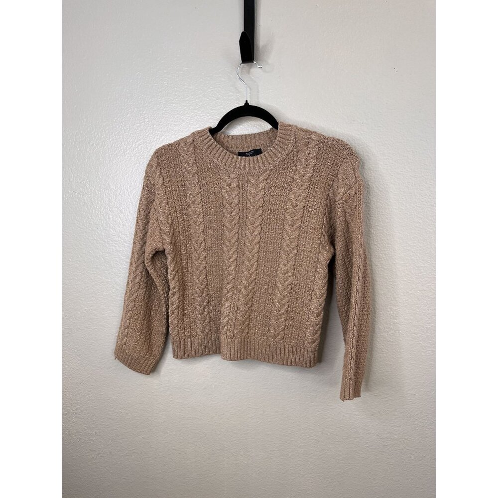 Tahari Womens Beige Cable Knit Crop Sweater XS Crewneck‎ Long Sleeve Polyester